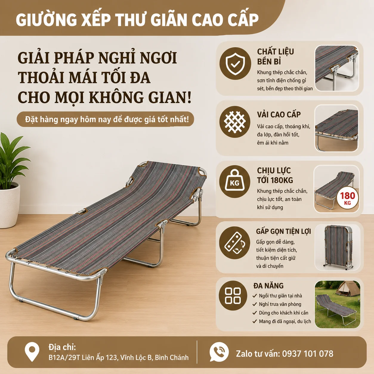 GIƯỜNG DÙ XẾP CAO CẤP VẠN LỢI – BỀN BỈ, CHỐNG THẤM, TIỆN LỢI